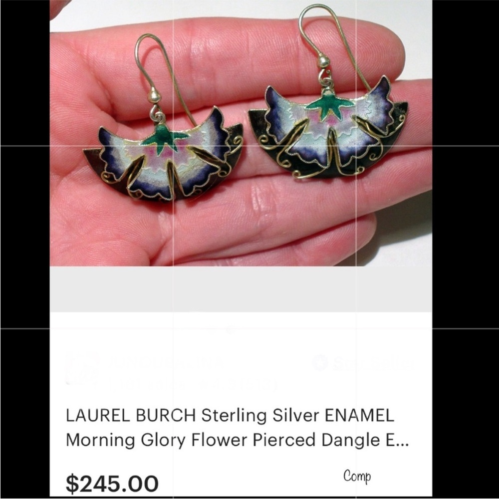 LAUREL BURCH vintage, rare enamel peacock Cloisonné earrings, vtg c1970s - Picture 3 of 7